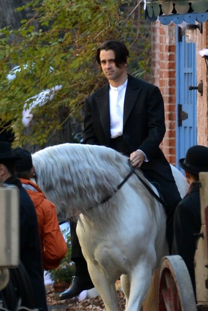 Colin Farrell on a white horse on the set of Winter’s Tale