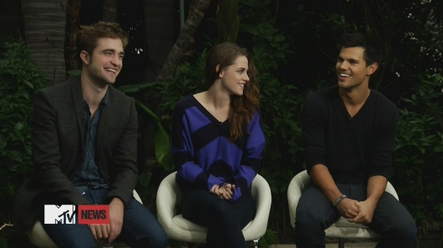 Robert Pattinson, Kristen Stewart, and Taylor Lautner are interviewed for MTV