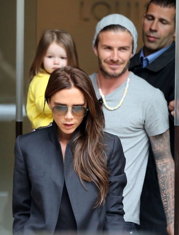 David Beckham with Harper Seven and Victoria after celebrating his 38th ...