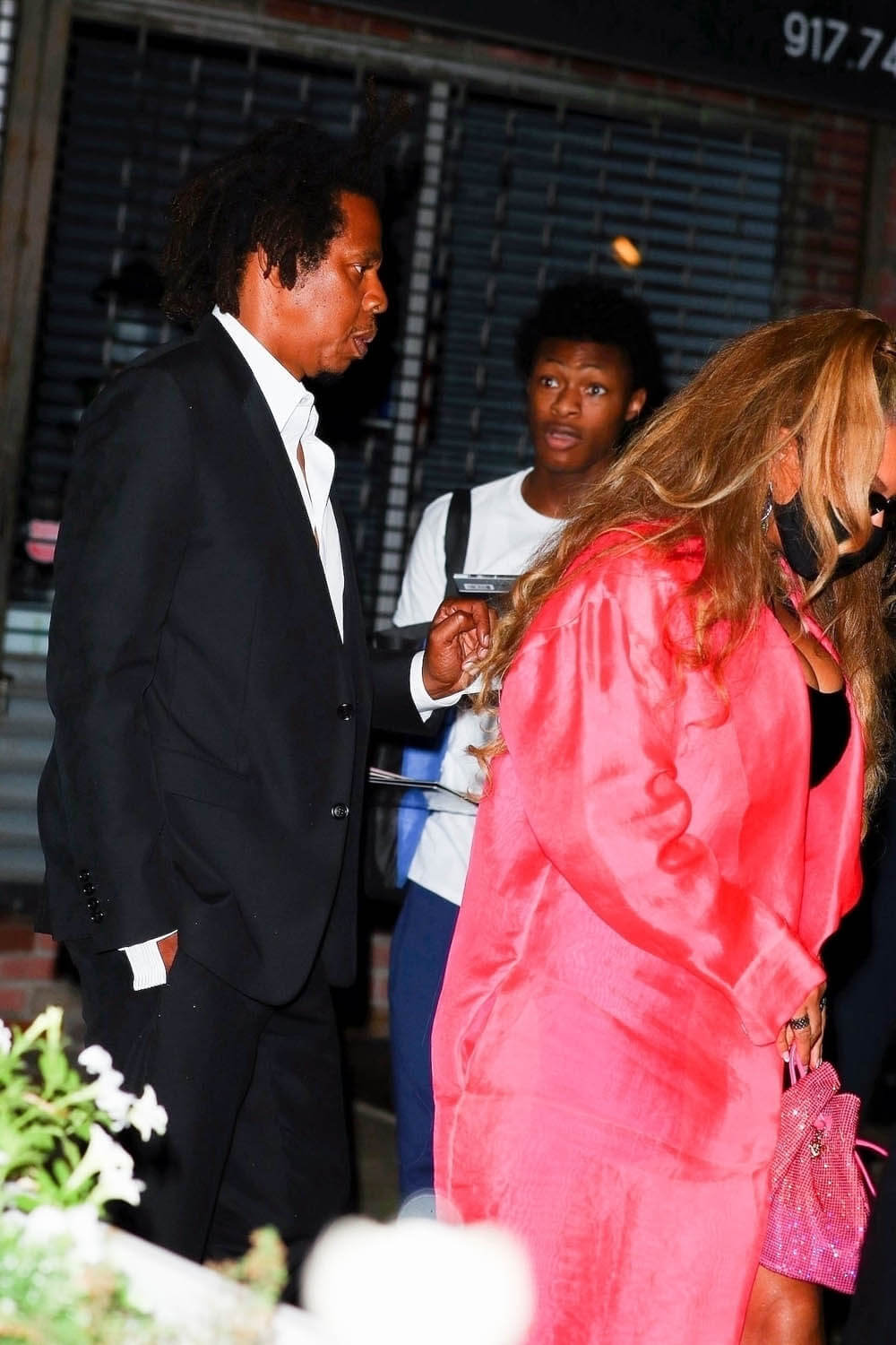 On the Scene at Jay-Z's 40/40 Club Anniversary Party in NYC: Beyoncé in  Versace Pink and Black Look, Megan Thee Stallion in Khaite White  Off-The-Shoulder Dress, JT in Rick Owens White Jumpsuit+
