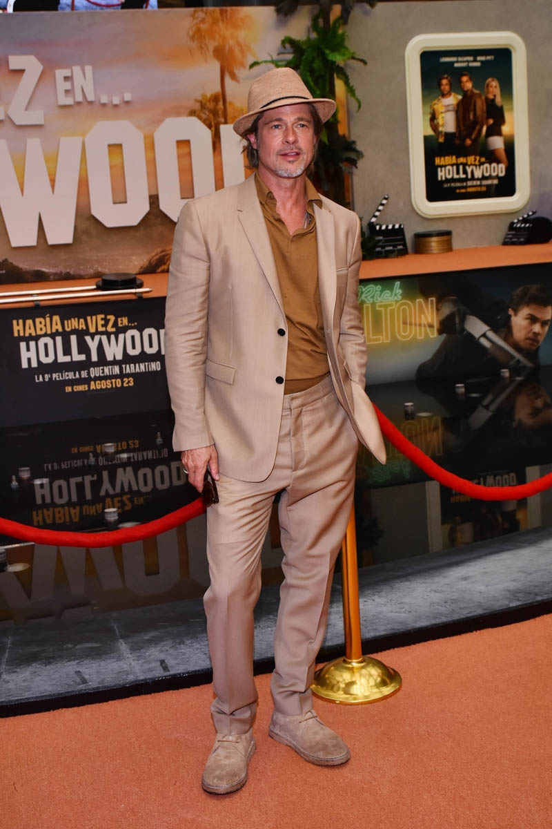 Brad Pitt in camel monochrome at Mexican premiere of Once Upon a Time
