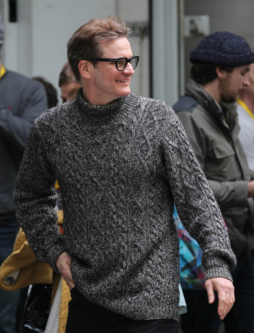 Colin Firth in a turtleneck on the set of Love Actually 