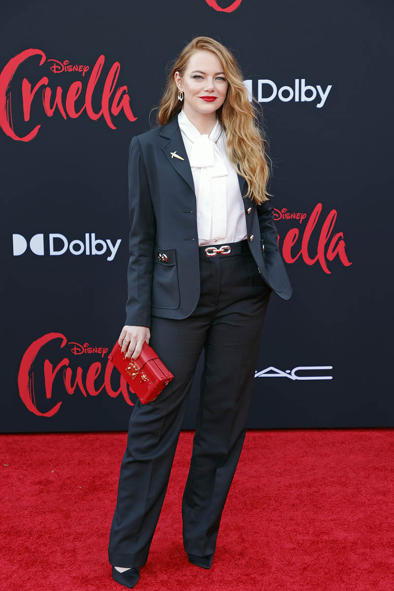 Movie star Emma Stone at the LA premiere of Cruella in a gorgeous black suit