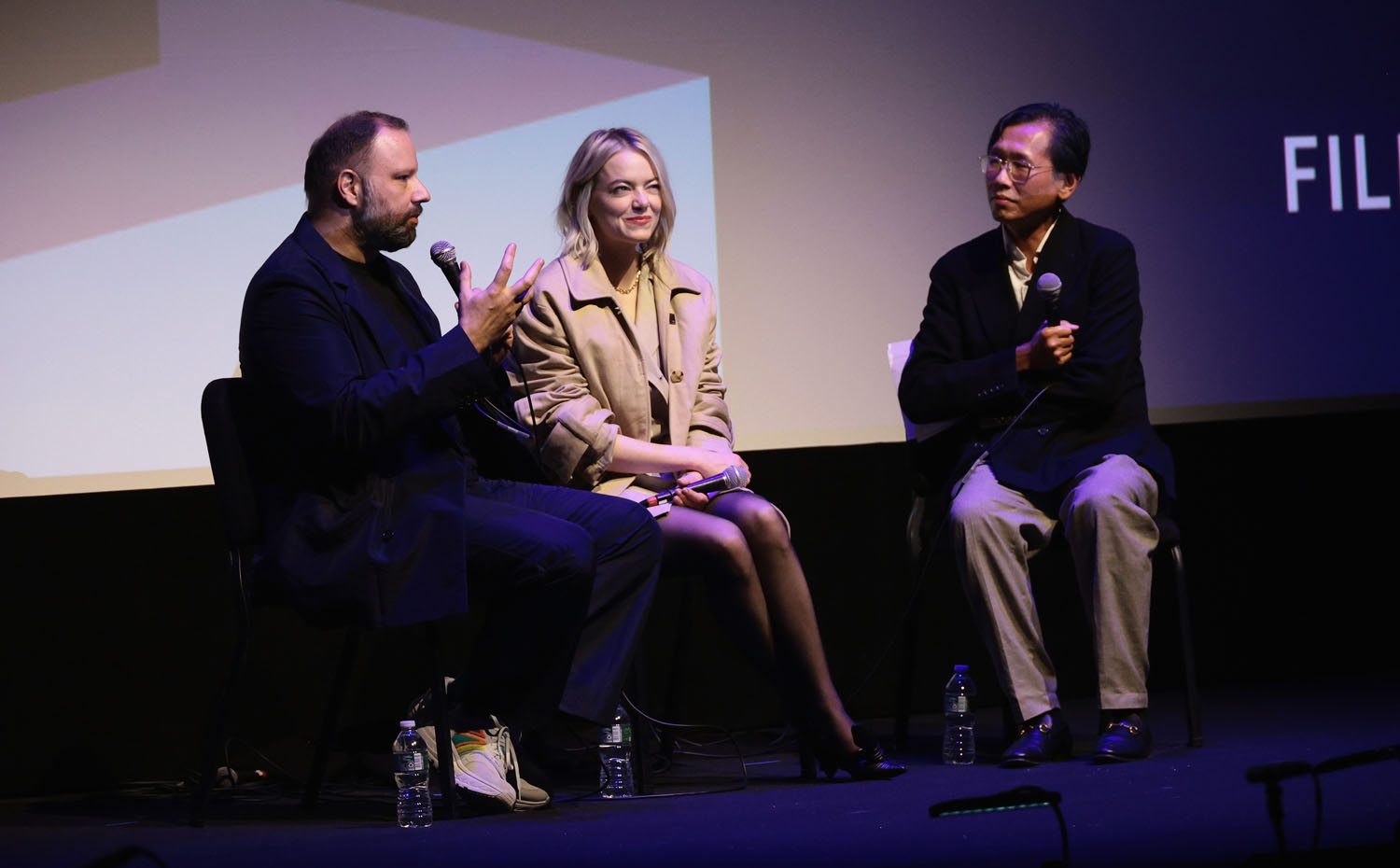 Emma Stone and Yorgos Lanthimos find a loophole to promote struck work,  their film Poor Things, while at NYFF to promote short film, Bleat