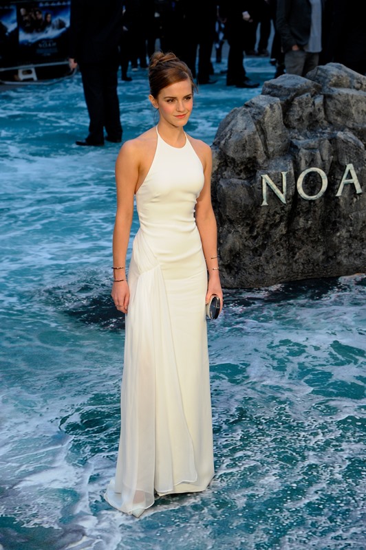 Emma Watson in a white dress at London premiere of Noah 