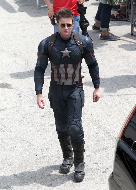 Chris Evans on the set of Captain America: Civil War in 
