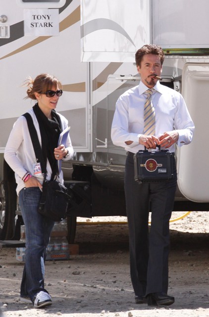 Robert Downey Jr wears high heels on the set of Iron Man 2