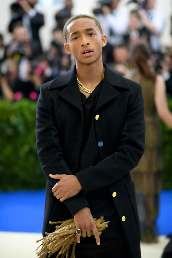 Jaden Smith with cut hair in hand at 2017 MET Gala