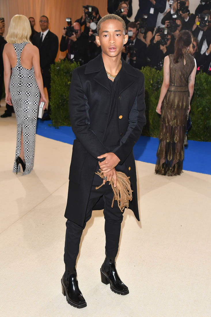 Jaden Smith with cut hair in hand at 2017 MET Gala