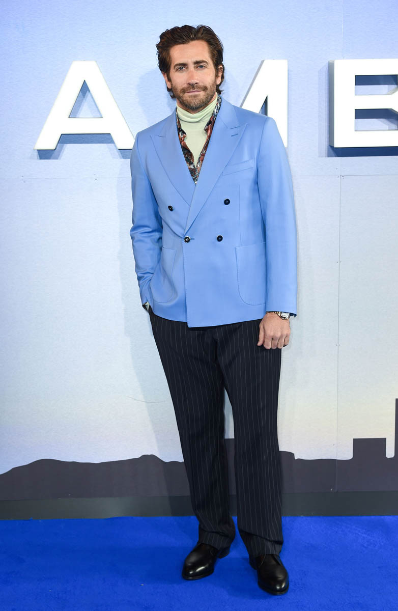 Jake Gyllenhaal layers a turtleneck and silk button down shirt at the  London premiere of Ambulance