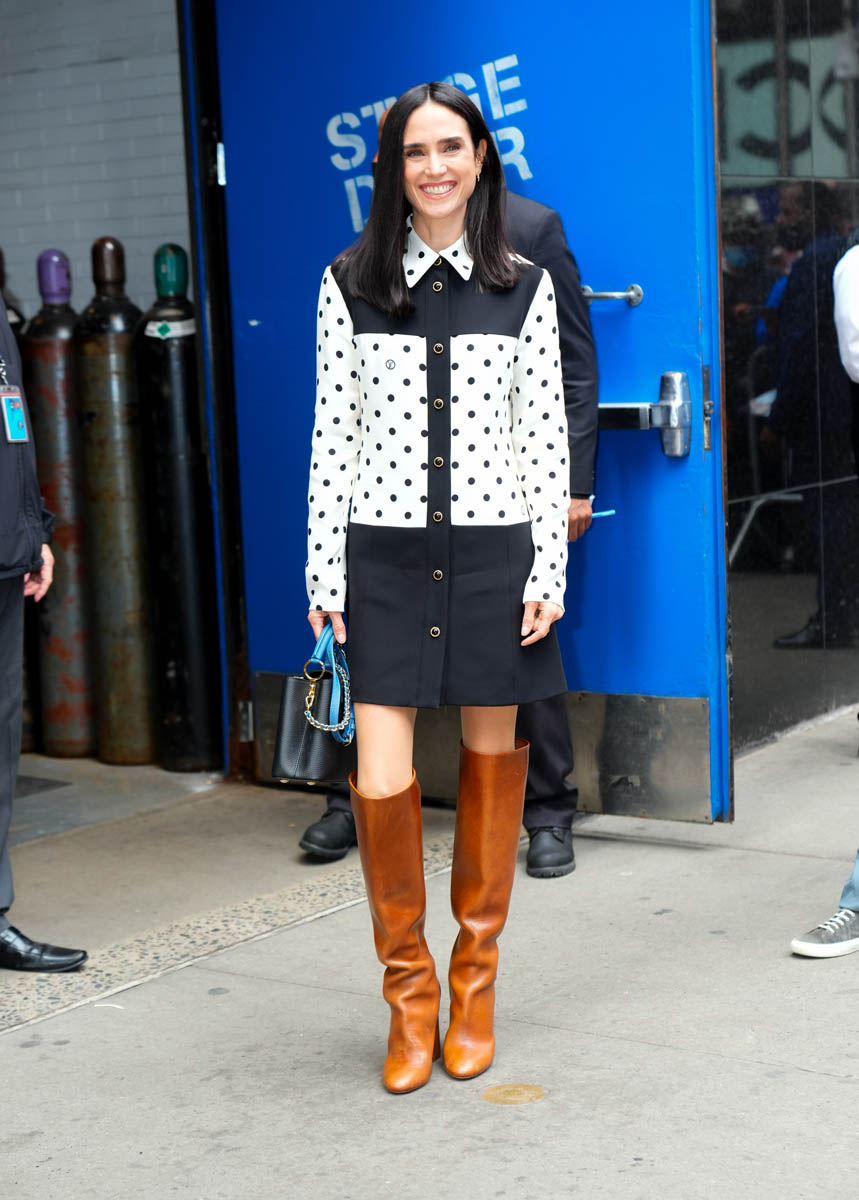 Jennifer Connelly Upgrades Polka Dot Shirt Dress With Block Heel Boots for  'Good Morning America