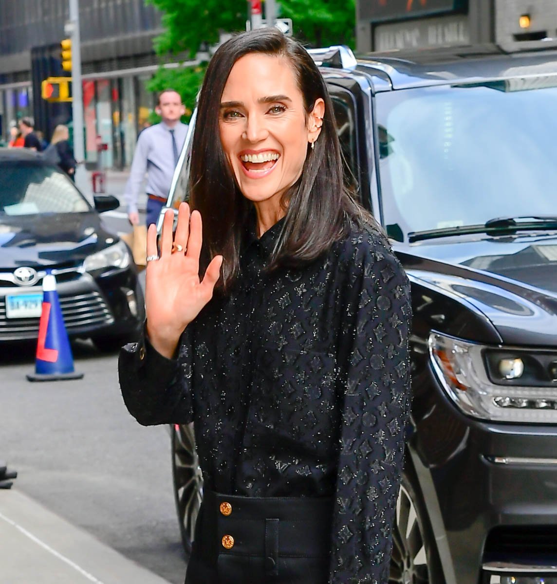 Jennifer Connelly in Louis Vuitton at The Late Show with Stephen Colbert &  Good Morning America