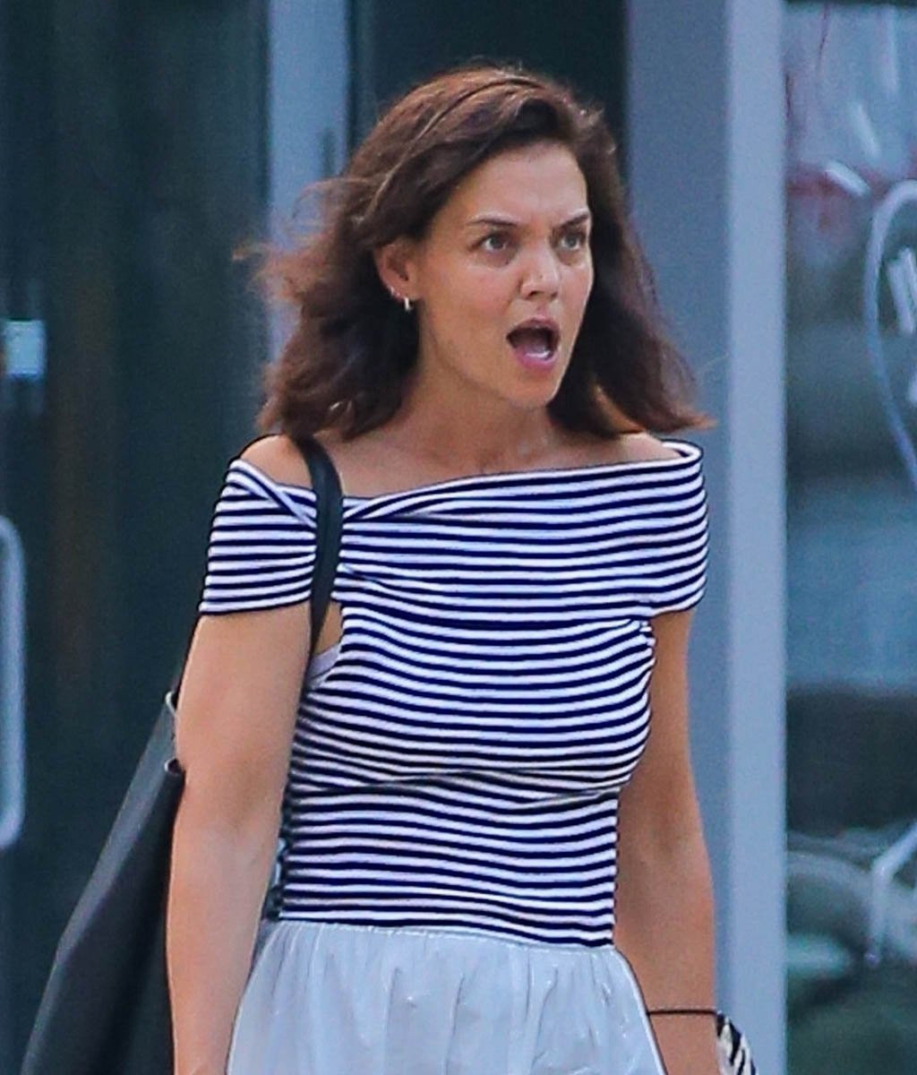 Katie Holmes in a cute, striped off-the-shoulder outfit in New York