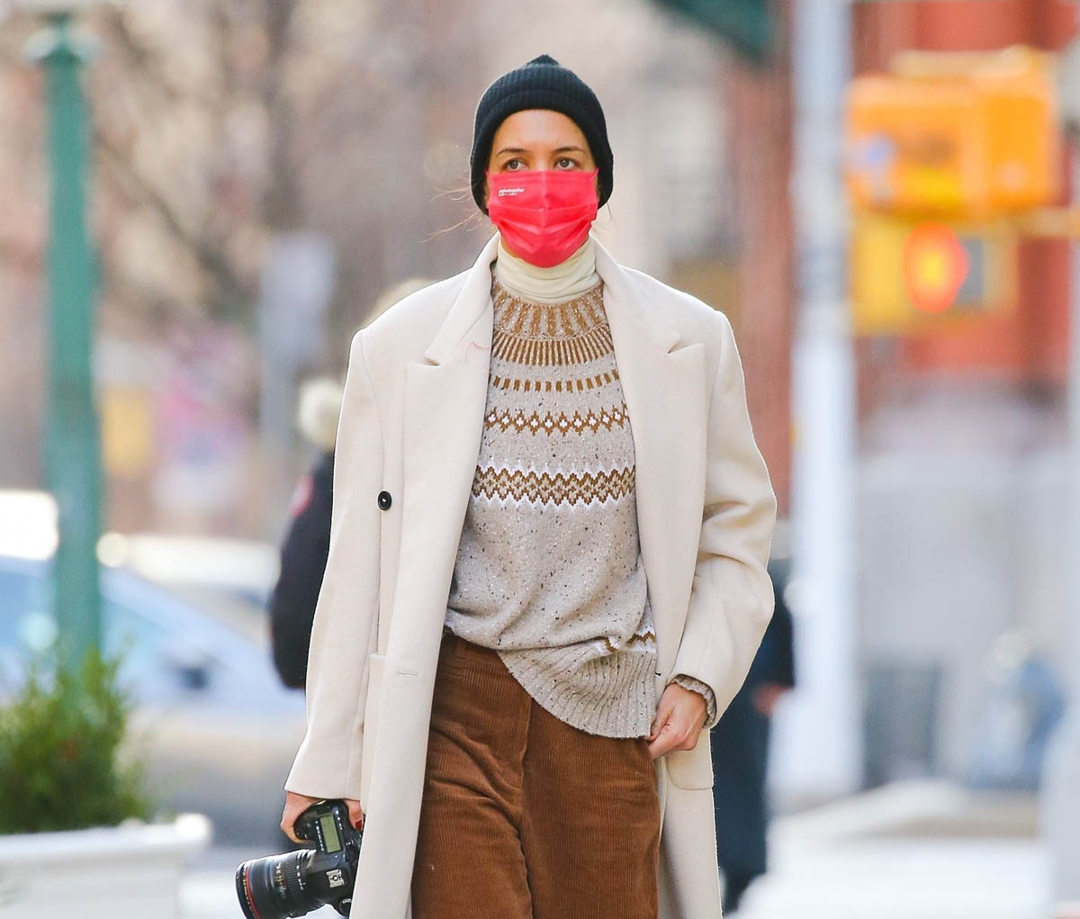 Katie Holmes steps out in New York in a Fair Isle sweater and green