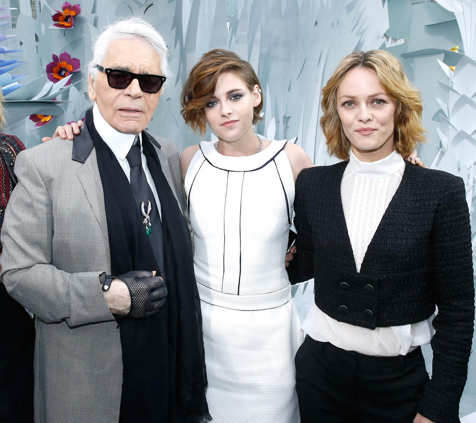 Vanessa Paradis and Kristen Stewart with Karl Lagerfeld at Paris Fashion  Week for Chanel
