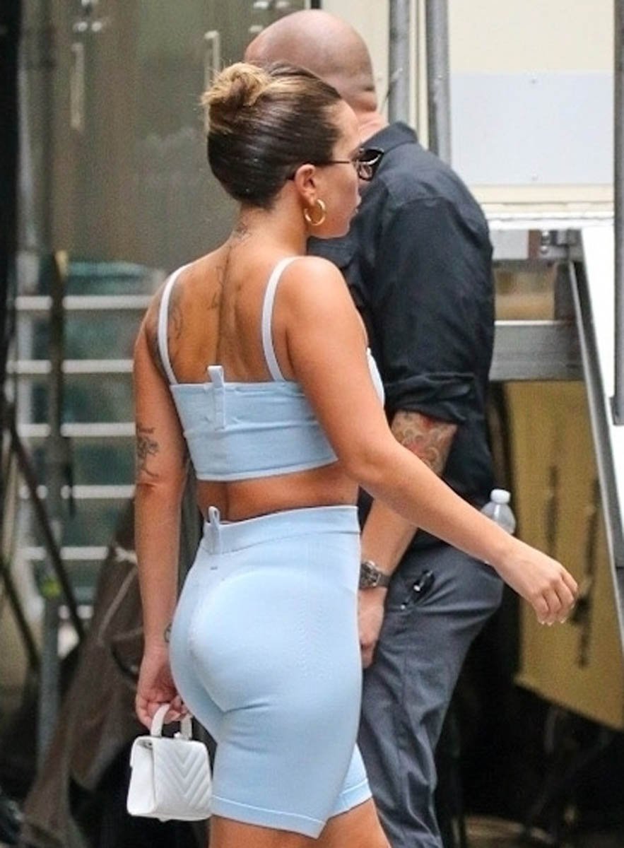 Lady Gaga steps out in New York in blue spandex and white platform heels