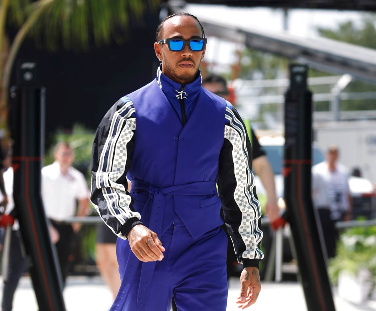 Miami, Florida, USA. 5th May, 2023. LEWIS HAMILTON (GBR) of Mercedes #44  arrives to the paddock fashionably dressed in a Louis Vuitton outfit and  black Doc Martens boots during practice day at