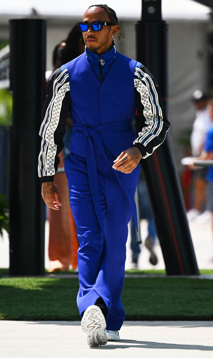 Miami, Florida, USA. 5th May, 2023. LEWIS HAMILTON (GBR) of Mercedes #44  arrives to the paddock fashionably dressed in a Louis Vuitton outfit and  black Doc Martens boots during practice day at