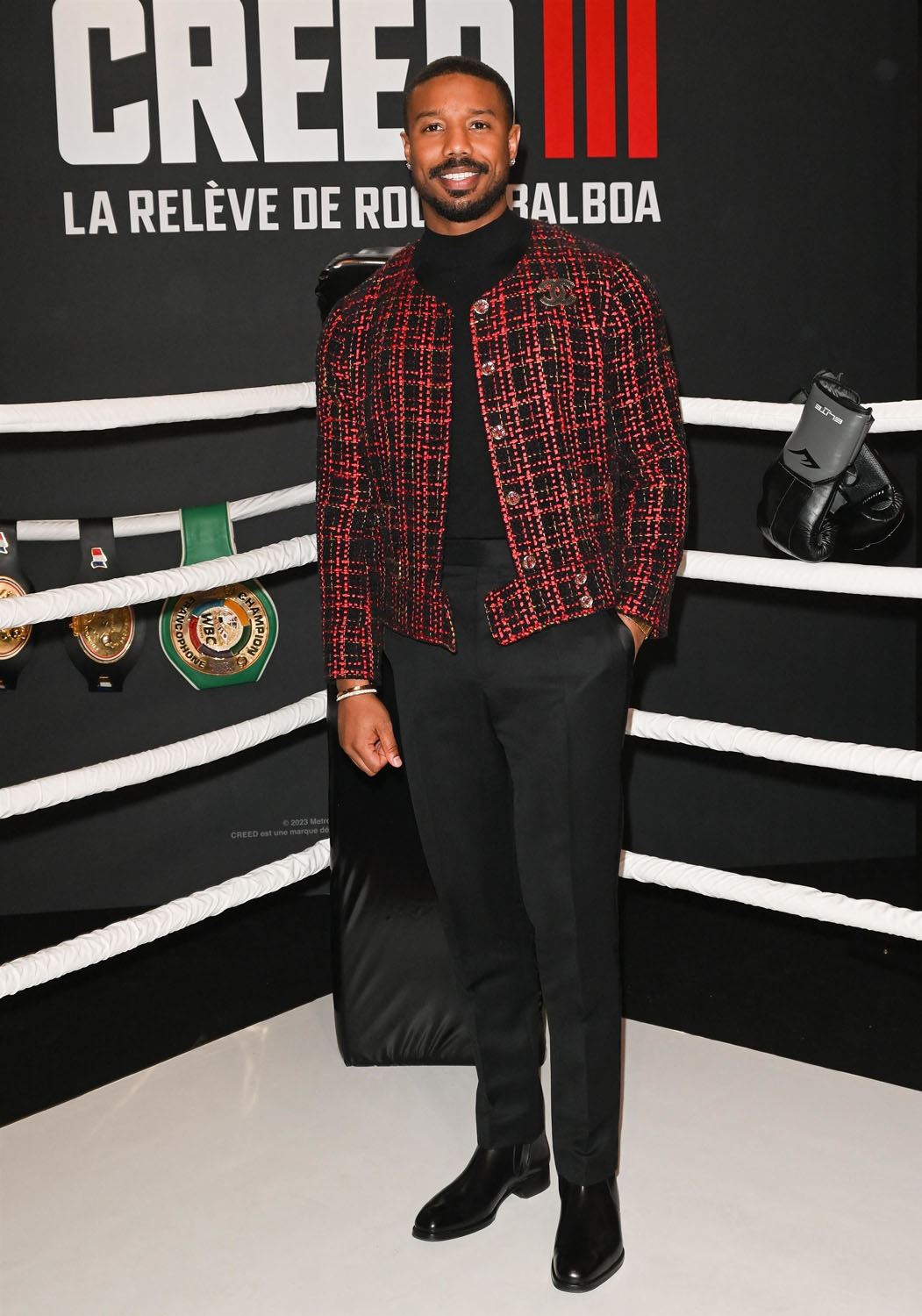 Michael B Jordan promotes Creed III in Paris in Chanel and there