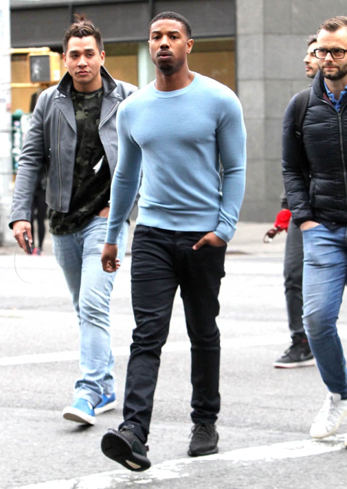 Michael B. Jordan out in New York with his crew in a baby blue cling ...