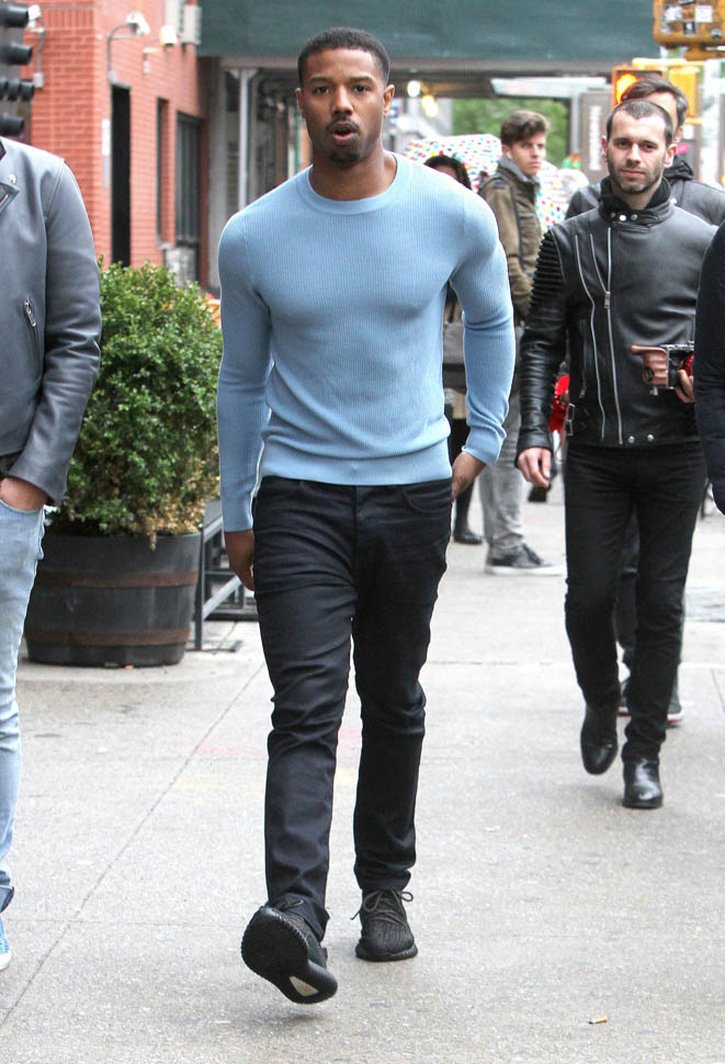 Michael B. Jordan out in New York with his crew in a baby blue cling ...