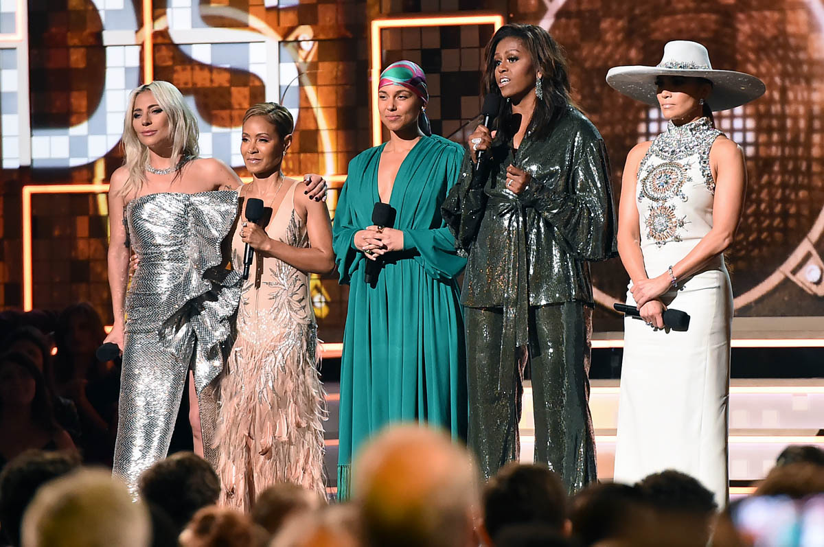 Michelle Obama opens the Grammy Awards with Alicia Keys, Jada Pinkett Smith, Jennifer ...