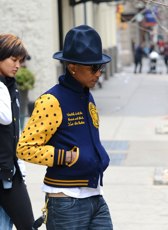 Pharrell’s hat in blue and a great varsity jacket|Lainey Gossip ...