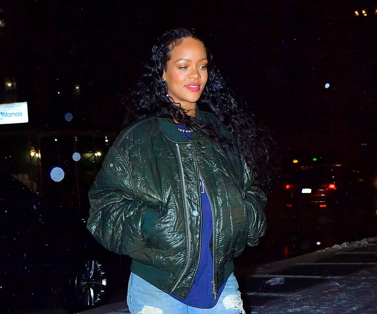 Rihanna meets A$AP Rocky in the snow in New York in a great bomber