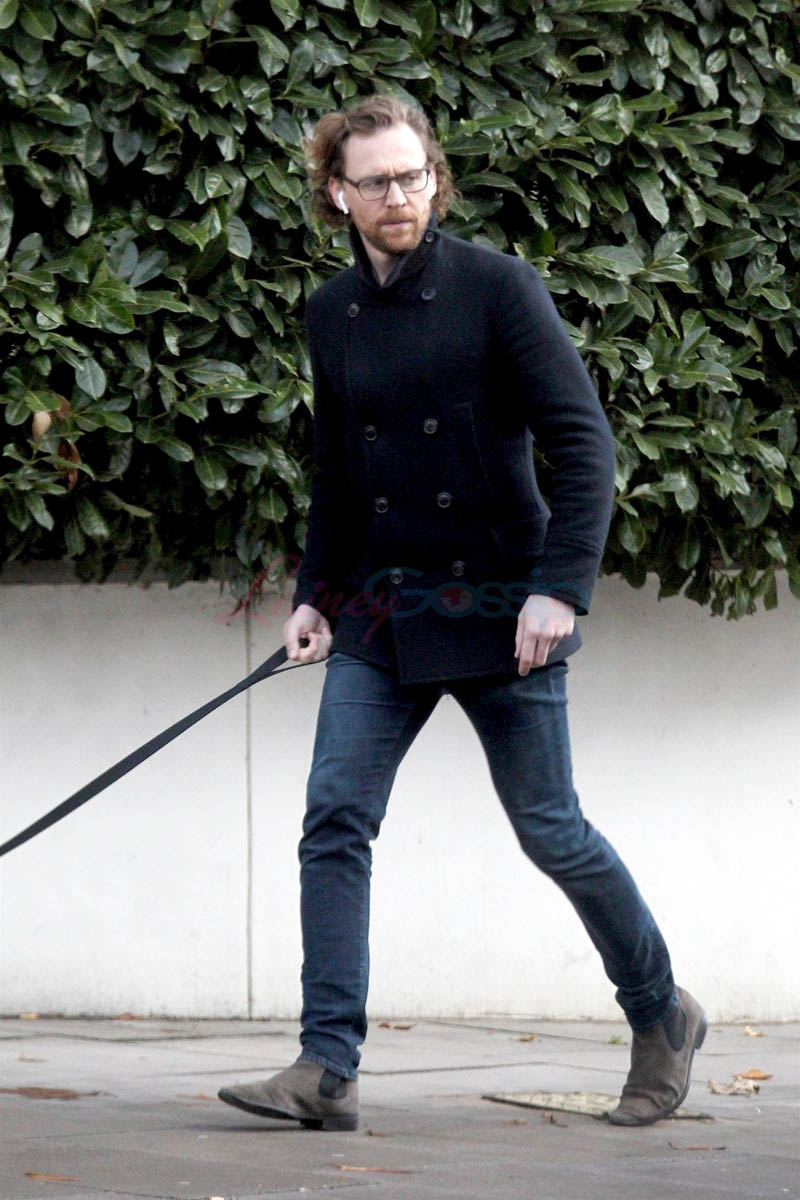Tom Hiddleston takes his dog for a walk in London
