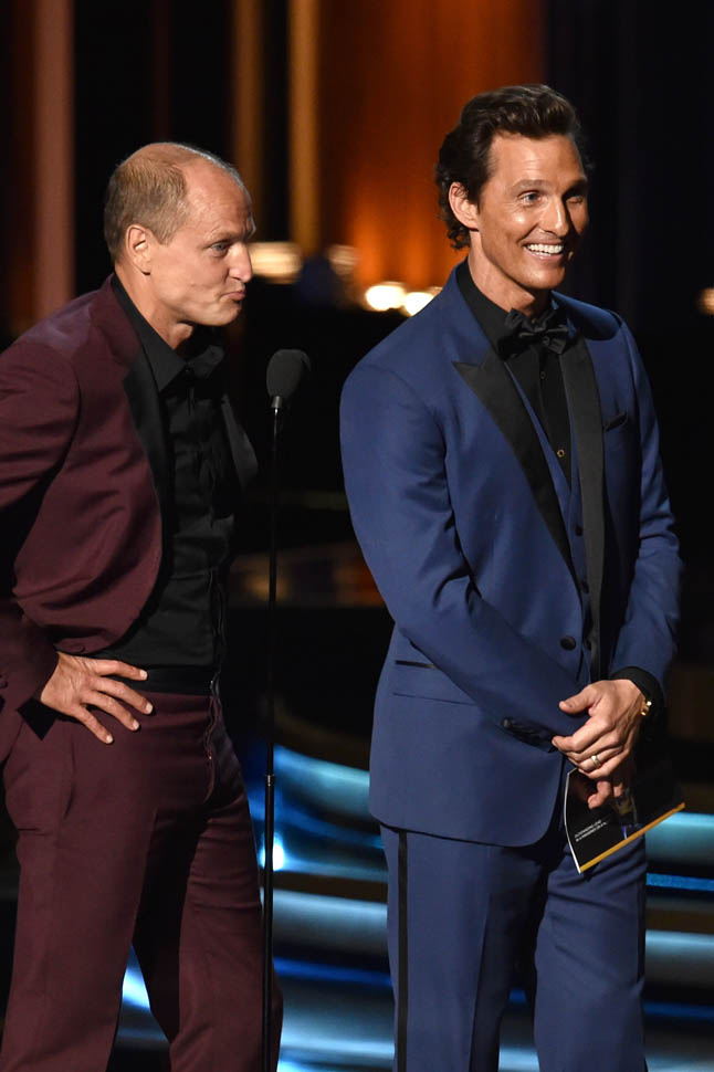 Matthew McConaughey and Woody Harrelson present at the 2014 Emmy Awards