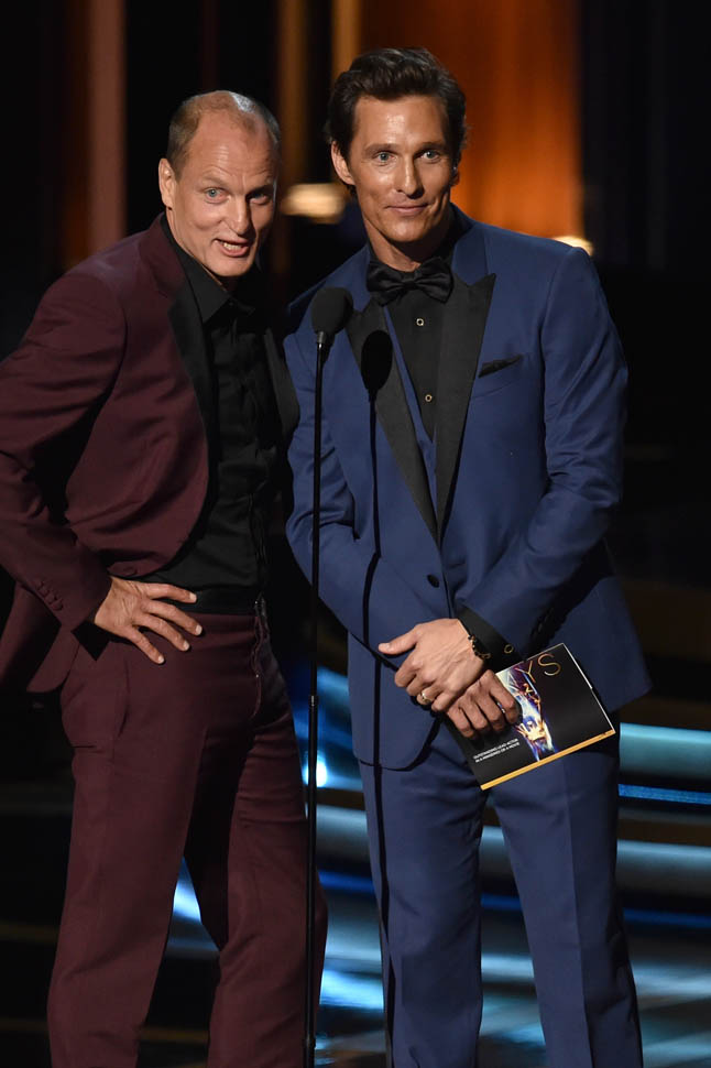 Matthew McConaughey and Woody Harrelson present at the 2014 Emmy Awards