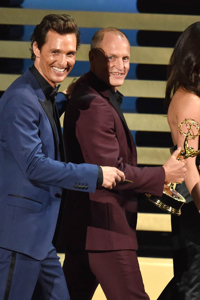 Matthew McConaughey and Woody Harrelson present at the 2014 Emmy Awards