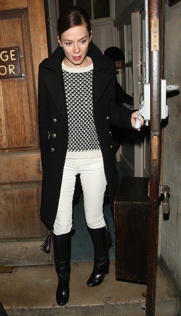 Anna Friel in black and white as she leaves the Vaudeville Theatre in ...