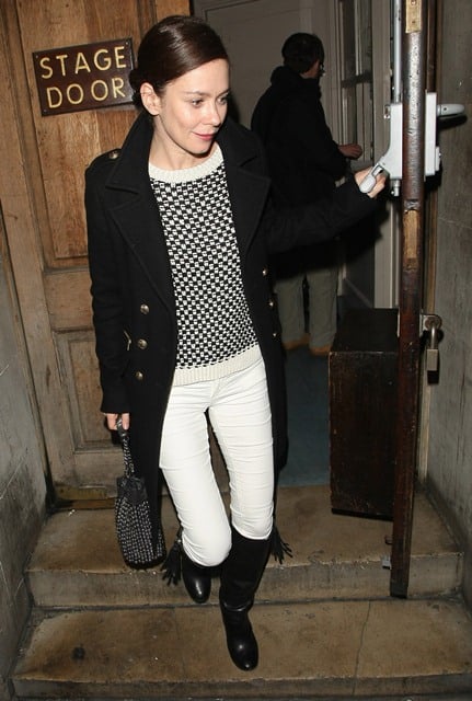 Anna Friel in black and white as she leaves the Vaudeville Theatre in ...