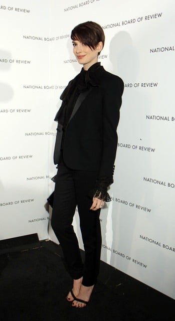 Anne Hathaway’s black ruffle tuxedo at the 2013 National Board of ...