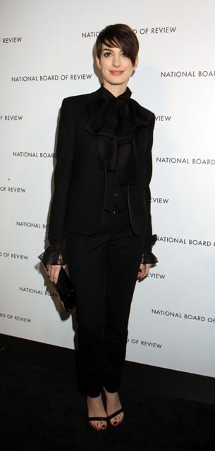 Anne Hathaway’s black ruffle tuxedo at the 2013 National Board of ...