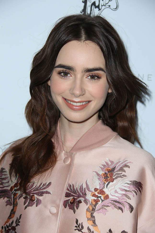 Lily Collins's long pink varsity|Lainey Gossip Lifestyle